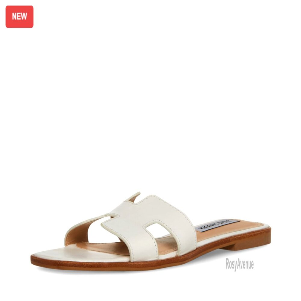Leather Flat Sandals With Geometric Cutouts, 0.75 Inch Heel